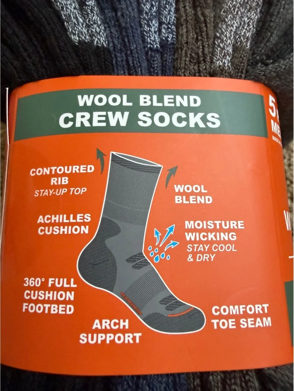 NWT 5-pair pack  Weatherproof Vintage Men's Outdoor Crew Socks 6-12 wool blend